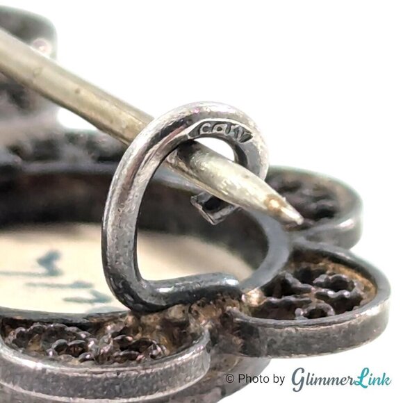 VTG Double Blue Windmill Delft Porcelain Filigree Flower Sterling Silver Brooch - Picture 6 of 7